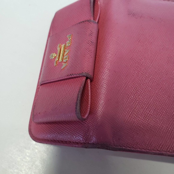 PRADA Leather Logo Wallet Small Pink Saffiano Compact Key Case Hooks Holder Bow - Picture 9 of 12